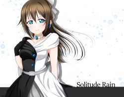 Rule 34 | 1girl, aqua eyes, artist name, artist request, back bow, bare shoulders, belt, black dress, black gloves, black skirt, blue eyes, blush, bow, breasts, brown hair, buttons, choker, cleavage, collarbone, dress, drop earrings, earrings, female focus, gloves, grey belt, grey bow, grey skirt, hair between eyes, hair bow, high ponytail, highres, jewelry, lace, lace gloves, long hair, looking at viewer, love live!, love live! nijigasaki high school idol club, love live! school idol festival, medium breasts, multicolored clothes, necklace, off-shoulder dress, off shoulder, osaka shizuku, parted lips, ponytail, sidelocks, sitting, skirt, sleeveless, sleeveless dress, smile, solitude rain (love live!), solo, two-tone dress, white background, white bow, white dress, white skirt