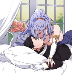 Rule 34 | 1boy, 1girl, absurdres, ascot, black hair, breasts, bridal gauntlets, curtains, fire emblem, fire emblem: genealogy of the holy war, fire emblem: thracia 776, fire emblem heroes, girl on top, hair ornament, highres, holding hands, imminent kiss, ishtar (fire emblem), jewelry, looking at another, necktie, nintendo, purple hair, reinhardt (fire emblem), scenery, shihoran, vase, window