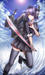 Rule 34 | 10s, 1girl, absurdres, bad id, bad pixiv id, black shirt, black skirt, black thighhighs, day, eyepatch, highres, holding, holding sword, holding weapon, kantai collection, outdoors, pleated skirt, purple hair, shirt, short hair, skirt, solo, sword, tenryuu (kancolle), thighhighs, weapon, yellow eyes, zqzqy