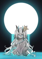 Rule 34 | 1girl, animal ear fluff, animal ears, between legs, black thighhighs, blue eyes, cat ears, cat girl, cat tail, crown, full body, garter straps, grey hair, grey sweater, hand between legs, highres, horns, long hair, long sleeves, looking at viewer, mosou keito, no pants, off-shoulder sweater, off shoulder, original, sitting, sleeves past fingers, sleeves past wrists, smile, striped clothes, striped thighhighs, sweater, tail, thighhighs, two side up, very long hair, wariza, white hair, white thighhighs