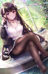 Rule 34 | 1girl, azur lane, black choker, black jacket, black pantyhose, black skirt, blunt bangs, blurry, blurry background, blush, book, book stack, breasts, brown hair, choker, cleavage, collarbone, collared shirt, covered mouth, crossed legs, day, dutch angle, earrings, eyelashes, flower, foot out of frame, hair ornament, hairpin, hand in own hair, hand up, highres, horns, indoors, jacket, jewelry, long hair, looking at viewer, mask, medium breasts, mouth mask, no shoes, noshiro (azur lane), off shoulder, oni horns, panipo, pantyhose, pink flower, plant, pleated skirt, purple eyes, shirt, sitting, skirt, solo, surgical mask, thighband pantyhose, very long hair, white shirt, window