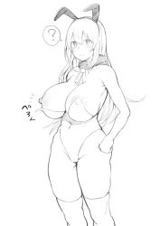 Rule 34 | 1girl, ?, absurdres, animal ears, atago (kancolle), bare hips, breasts, covered erect nipples, covered navel, fake animal ears, fur collar, greyscale, highres, kantai collection, kayumidome, large areolae, large breasts, leotard, long hair, monochrome, nipple slip, nipples, playboy bunny, rabbit ears, strapless, strapless leotard, thighhighs
