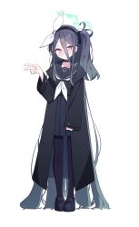 Rule 34 | &lt;key&gt; (blue archive), 1girl, 525 woiwo, absurdly long hair, absurdres, black choker, black coat, black footwear, black hair, black hairband, black pantyhose, black sailor collar, black serafuku, blue archive, blush, choker, closed mouth, coat, cosplay, green halo, hairband, halo, highres, long hair, long sleeves, looking at viewer, neckerchief, one side up, open clothes, open coat, pantyhose, plana (blue archive), plana (blue archive) (cosplay), red eyes, ringed eyes, sailor collar, school uniform, serafuku, shoes, solo, very long hair, white neckerchief