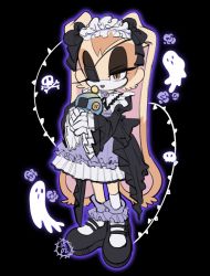 Rule 34 | 1girl, 3mia hadi3, back bow, black bow, black dress, black footwear, bobby socks, bow, chao (sonic), character doll, cheese (sonic), commentary, cream the rabbit, dress, english commentary, eyepatch, floppy ears, flower, full body, furry, furry female, ghost, gloves, gothic lolita, hair bow, half-closed eye, highres, jirai kei, juliet sleeves, lolita fashion, long sleeves, mary janes, medical eyepatch, neck flower, puffy sleeves, purple flower, purple rose, purple socks, rabbit girl, rose, shoes, socks, solo, sonic (series), thorns, white gloves, wide sleeves