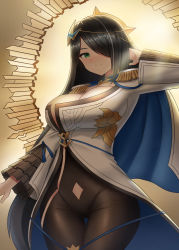 Rule 34 | 1girl, absurdres, black hair, black legwear, blue cape, breasts, brown background, cape, cleavage, cowboy shot, epaulettes, epic seven, green eyes, hair ornament, hair over one eye, highres, large breasts, leaping (fle8410), legs together, long hair, long sleeves, looking at viewer, solo, standing, thigh gap, vivian (epic seven)