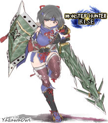 Rule 34 | 1girl, armor, black hair, breasts, gloves, headband, japanese clothes, kamura (armor), large breasts, monster hunter (series), monster hunter rise, pauldrons, shield, short hair, shoulder armor, simple background, sword, thighhighs, weapon, yazawa owl