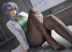 Rule 34 | 1girl, black-framed eyewear, black pantyhose, window blinds, blue eyes, breasts, cabinet, cleavage, commentary, dutch angle, earrings, english commentary, feet, glasses, hair between eyes, himuro ayame, holding legs, indoors, jewelry, lab coat, light purple hair, looking at viewer, miniskirt, no shoes, pantyhose, paper, pencil skirt, pink lips, ponytail, rikei ga koi ni ochita no de shoumei shitemita, sciamano240, sidelocks, sitting, skirt, table, toes, whiteboard, window