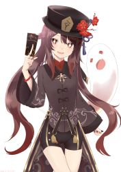 Rule 34 | 1girl, :d, = =, absurdres, bead bracelet, beads, between fingers, black hat, black nails, black shorts, bracelet, brown eyes, brown hair, brown jacket, card, closed eyes, fang, flower, genshin impact, ghost, hair between eyes, hand up, hat, hat flower, highres, holding, holding card, hu tao (genshin impact), jacket, jewelry, long hair, long sleeves, mishima ryo, nail polish, open mouth, red flower, short shorts, shorts, simple background, smile, solo, thigh gap, very long hair, white background, wide sleeves