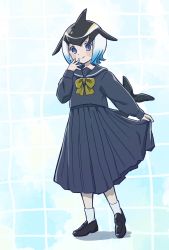 Rule 34 | 1girl, 54 3nu, alternate costume, black hair, blonde hair, blowhole, blue eyes, blue hair, blue shirt, blue skirt, blush, bow, bowtie, brown footwear, cetacean tail, commentary, common dolphin (kemono friends), dolphin girl, dorsal fin, fins, fish tail, full body, highres, kemono friends, loafers, long sleeves, looking at viewer, multicolored hair, pleated skirt, sailor collar, school uniform, serafuku, shirt, shoes, short hair, skirt, socks, solo, symbol-only commentary, tail, white hair, white socks, yellow bow, yellow bowtie