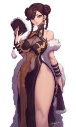 Rule 34 | 1girl, artist name, braid, breasts, brown eyes, brown hair, capcom, china dress, chinese clothes, chun-li, cleavage, collarbone, covered erect nipples, covered navel, curvy, double bun, dress, earrings, eyeshadow, fur scarf, hair bun, hand fan, highres, jewelry, large breasts, liyart, looking at viewer, makeup, narrow waist, navel, official alternate costume, shawl, simple background, sleeveless, sleeveless dress, smile, solo, standing, stomach, street fighter, street fighter v, thick thighs, thighs, twin braids, wide hips