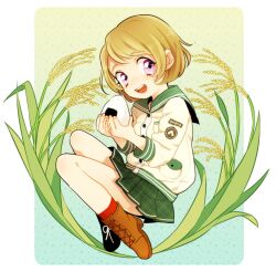 Rule 34 | 1girl, blush, boots, brown footwear, brown hair, cross-laced footwear, eyelashes, food, green skirt, holding, holding food, jacket, koizumi hanayo, lace-up boots, love live!, miniskirt, onigiri, open mouth, plant, purple eyes, red footwear, shiman, short hair, skirt, solo, teeth, upper teeth only