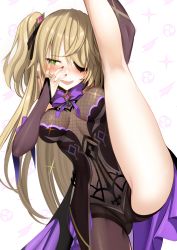 Rule 34 | 1girl, alcoholrang, bare shoulders, black gloves, black pantyhose, black thighhighs, blonde hair, blush, bow, breasts, dress, eyepatch, fischl (genshin impact), flexible, genshin impact, gloves, green eyes, hair ornament, hair over one eye, hair ribbon, highres, kneepits, leg lift, leg up, long hair, looking at viewer, nail polish, one side up, open mouth, pantyhose, ribbon, smile, solo, split, standing, standing on one leg, standing split, thighhighs, thighs