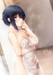 Rule 34 | 1girl, antenna hair, arm under breasts, blue hair, blush, breasts, cleavage, collarbone, commentary request, covering privates, cowboy shot, dutch angle, green eyes, hair over one eye, hand up, highres, looking at viewer, medium breasts, naked towel, nigo (aozoragarou), nude, nude cover, original, parted lips, short hair, single sidelock, solo, standing, steam, towel, wet, wet towel