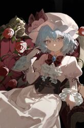 Rule 34 | 1girl, absurdres, arm rest, armchair, ascot, black background, blue gemstone, blue hair, bow, bowtie, brooch, chair, collared dress, corset, cowboy shot, crossed bangs, crossed legs, dress, flower, frilled dress, frilled sleeves, frills, gem, hat, hat flower, highres, jewelry, juliet sleeves, layered sleeves, long sleeves, looking at viewer, mob cap, on chair, pink eyes, plant, pointy ears, puffy sleeves, red bow, red bowtie, red flower, red rose, remilia scarlet, rose, short hair, simple background, sitting, slit pupils, smile, solo, touhou, vines, wavy hair, white ascot, white dress, white hat, zhi xiang hua mei shaonu