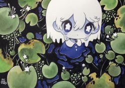 Rule 34 | 1girl, blue eyes, dated, expressionless, hair between eyes, highres, lily pad, original, plant, shadow, short hair, signature, solo, star (symbol), tears, white hair, zukky000