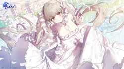 Rule 34 | 1girl, absurdly long hair, alternate costume, azur lane, bare shoulders, between breasts, breasts, detached collar, dress, dutch angle, elbow gloves, formidable (azur lane), gloves, hair ribbon, highres, large breasts, long hair, looking at viewer, neckwear between breasts, official art, outdoors, petals, platinum blonde hair, red eyes, ribbon, skirt hold, solo, twintails, very long hair, wata (attaka towel), white dress, white gloves, white ribbon