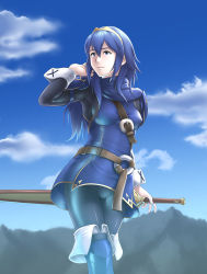 Rule 34 | 1girl, blue eyes, blue hair, boots, breasts, cameltoe, cape, covered erect nipples, fire emblem, fire emblem awakening, hand in own hair, highres, long hair, lucina (fire emblem), matching hair/eyes, medium breasts, nintendo, pantyhose, solo, strap, sword, thor (deep rising), tiara, weapon