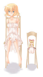 Rule 34 | 1girl, alice margatroid, bare shoulders, barefoot, blonde hair, blue eyes, chair, doll, dress, eyebrows, female focus, hourai doll, kokono coco, lingerie, looking at viewer, negligee, nightgown, shanghai doll, short hair, simple background, sitting, solo, touhou, underwear, white background