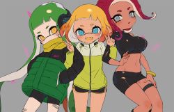 Rule 34 | 3girls, agent 3 (splatoon), agent 4 (splatoon), agent 8 (splatoon), asymmetrical sleeves, bandaid, bandaid on face, bandaid on leg, bike shorts, black jacket, black shorts, black skirt, blonde hair, blue eyes, blunt bangs, blush, bracelet, coat, colored tongue, commentary, cowboy shot, crop top, dark-skinned female, dark skin, dolphin shorts, double v, double vertical stripe, fangs, green coat, green hair, grey background, grey eyes, gym shorts, hands in pockets, headgear, inkling, inkling girl, inkling player character, jacket, jewelry, locked arms, long hair, long sleeves, looking at viewer, medium hair, midriff, miniskirt, multiple girls, nintendo, octoling, octoling girl, octoling player character, open mouth, pointy ears, red hair, scarf, short hair, short shorts, shorts, simple background, single vertical stripe, skirt, smile, splatoon (series), splatoon 1, splatoon 2, splatoon 2: octo expansion, squidbeak splatoon, standing, suction cups, symbol-only commentary, tentacle hair, thigh strap, uneven sleeves, v, yellow eyes, yellow jacket, yellow scarf, yellow tongue, yu-ri (arium047)