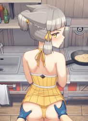 Rule 34 | 1girl, alten, alternate hairstyle, animal ears, ass, ass grab, blue gloves, cat ears, clothes lift, cooking, dress, dress lift, facial mark, from behind, frying pan, gloves, grey hair, hair ribbon, highres, kitchen, looking at viewer, looking back, nia (fancy sundress) (xenoblade), nia (xenoblade), official alternate costume, panties, ponytail, pov, rex (xenoblade), ribbon, short hair, short ponytail, sink, solo focus, stove, underwear, whisker markings, xenoblade chronicles (series), xenoblade chronicles 2, yellow eyes, yellow panties