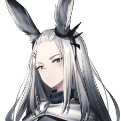 Rule 34 | 1girl, animal ear fluff, animal ears, arknights, blue eyes, closed mouth, coat, disdain, forehead, frostnova (arknights), frown, grey hair, hair ornament, hairclip, long hair, looking at viewer, rabbit ears, renren (ah renren), scar, scar on face, scar on nose, simple background, solo, tagme, upper body, white background, white coat, white hair