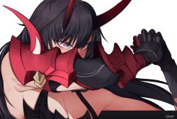 Rule 34 | 1girl, ahoge, armor, armpit crease, bare shoulders, black gloves, black hair, breasts, cleavage, commentary, covered mouth, english commentary, fallen angel (painting), gloves, hair between eyes, highres, honkai (series), honkai impact 3rd, horns, japanese armor, japanese clothes, medium breasts, oni horns, raiden mei, raiden mei (herrscher of thunder), simple background, solo, twitter username, ujugn, upper body, white background