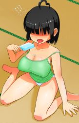 Rule 34 | 1girl, barefoot, black hair, borrowed character, breasts, camisole, dripping, covered erect nipples, female focus, food, hair over eyes, highres, large breasts, original, popsicle, sacchan (nyaromeron), shadow, shirt, short hair, sitting, solo, tatami, taut clothes, taut shirt, waikesu (fykss), wariza