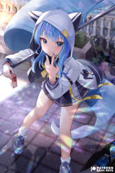Rule 34 | 1girl, :q, apple juice, banner, battle standard, blue eyes, blue hair, blue nails, blush, bottle, drink, drinking straw, flag, flagpole, from above, hair between eyes, holding, holding drink, holding flag, hololive, hood, hood up, hooded jacket, hoodie, hoshimachi suisei, hoshimachi suisei (school uniform), jacket, juice, juice box, light particles, long hair, looking at viewer, looking to the side, mary janes, mujinbensin, nail polish, open clothes, open jacket, outdoors, plant roots, planter, pleated skirt, railing, shoes, skirt, socks, solo, star (symbol), star in eye, symbol in eye, tongue, tongue out, v over mouth, virtual youtuber, war flag, water bottle, white socks