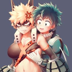 Rule 34 | 1boy, 1girl, anger vein, bakugou katsuki, bare shoulders, blonde hair, blush, bodysuit, boku no hero academia, grabbing another&#039;s breast, breasts, cleavage, clothes lift, eye mask, freckles, genderswap, genderswap (mtf), gloves, grabbing, green bodysuit, green eyes, green hair, grey background, hair between eyes, large breasts, looking at viewer, mask, midoriya izuku, mouth mask, navel, open mouth, red eyes, saliva, salmon (657931354), shirt lift, short hair, simple background, smile, spiked hair, teeth, upper body, white gloves