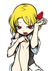 Rule 34 | 1girl, adapted costume, bare shoulders, blonde hair, blouse, detached sleeves, fang, hair ribbon, hand on own knee, kagehito, looking at viewer, open mouth, red eyes, ribbon, rumia, shirt, short hair, short sleeves, sitting, slit pupils, solo, touhou, vest, white shirt