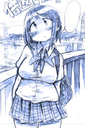 Rule 34 | 1girl, bag, blue theme, breasts, hade na kangofu, large breasts, monochrome, pleated skirt, school uniform, sketch, skirt, solo, thought bubble