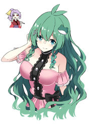 Rule 34 | 2girls, alternate costume, aqua eyes, bare shoulders, breasts, center frills, chibi, chibi inset, commentary request, cropped torso, deetamu, dress, frills, frog hair ornament, green hair, hair between eyes, hair ornament, hairclip, hand in own hair, highres, kochiya sanae, large breasts, long hair, looking at viewer, multiple girls, pink dress, simple background, smile, solo focus, strapless, strapless dress, touhou, touhou lostword, upper body, very long hair, watatsuki no yorihime, wavy hair, white background