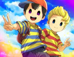 Rule 34 | 2boys, :d, artist name, backpack, bag, baseball cap, black hair, blonde hair, blue eyes, blue shirt, blue sky, brown bag, closed mouth, cloud, commentary request, day, hand up, hat, looking at viewer, lucas (mother 3), male focus, mimxxpk, mother (game), mother 2, mother 3, multicolored clothes, multiple boys, ness (mother 2), nintendo, open mouth, purple eyes, quiff, red headwear, red shirt, shirt, short hair, short sleeves, sideways hat, sky, smile, standing, striped clothes, striped shirt, t-shirt, teeth, twitter username, two-tone shirt, upper teeth only, v, yellow shirt