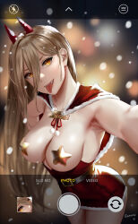 Rule 34 | 1girl, animal ears, armpits, artist name, bare shoulders, belt, black belt, blonde hair, blurry, blurry background, blush, breasts, cape, chainsaw man, cleavage, commentary request, cowboy shot, dress, easonx, fake screenshot, fur-trimmed cape, fur trim, hair between eyes, highres, horse ears, long hair, medium breasts, pasties, power (chainsaw man), red cape, santa dress, selfie, sharp teeth, smile, snowing, solo, teeth, tongue, tongue out, very long hair, viewfinder, yellow eyes