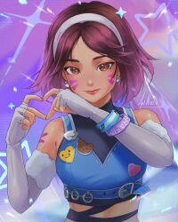 Rule 34 | 1girl, arm tattoo, artist name, black shirt, bracelet, brown eyes, brown hair, crop top, cropped shirt, d.va (overwatch), dazzle d.va, earrings, elbow gloves, fingerless gloves, fur-trimmed gloves, fur trim, gloves, gradient hair, grey gloves, grey hairband, hairband, highres, jewelry, le sserafim, looking at viewer, medium hair, multicolored hair, noush, official alternate costume, overwatch, overwatch 2, perfect night (le sserafim), purple hair, shirt, smile, solo, sparkle, star (symbol), tattoo