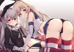 Rule 34 | 2girls, absurdres, all fours, amatsukaze (kancolle), ass, bare shoulders, black choker, black panties, black shirt, blonde hair, blue skirt, brown eyes, choker, closed mouth, commission, crop top, crop top overhang, elbow gloves, gloves, hair ribbon, highres, kantai collection, long hair, looking at viewer, microskirt, midriff, miso (misomiso 154), multiple girls, no pants, panties, pixiv commission, pleated skirt, revealing clothes, ribbon, sailor collar, school uniform, serafuku, shimakaze (kancolle), shirt, silver hair, skindentation, skirt, sleeveless, sleeveless shirt, striped clothes, striped legwear, striped thighhighs, thighhighs, thong, underwear, white gloves, white shirt