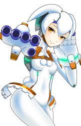 Rule 34 | 10s, 1girl, absurdres, aiming, aiming at viewer, android, breasts, finger cannon, fujita saki, gunslinger stratos, hair between eyes, highres, humanoid robot, joints, navel, no nipples, orange eyes, robot, robot ears, robot joints, simple background, small breasts, solo, toppema mapetto, white hair, xi-988