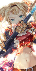 Rule 34 | 1girl, armor, belt, belt buckle, bikini armor, black hairband, black skirt, blonde hair, blue eyes, braid, brown belt, buckle, commentary, dela, fire, fire, gauntlets, granblue fantasy, hairband, holding, holding polearm, holding weapon, looking at viewer, navel, polearm, red armor, signature, skirt, solo, spear, twintails, upper body, weapon, white background, zeta (granblue fantasy)