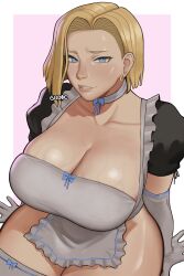 Rule 34 | 1girl, alternate costume, android 18, apron, artist name, blonde hair, blue eyes, blue ribbon, breasts, cleavage, collarbone, dragon ball, earrings, elbow gloves, enmaided, gloves, gud0c, highres, jewelry, large breasts, lips, looking at viewer, maid, maid apron, ribbon, short hair, smile, solo, thighhighs, veins, veiny breasts, white apron, white gloves, white thighhighs