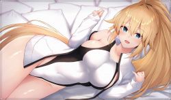 Rule 34 | 1girl, anza tomo, bare shoulders, blush, breasts, collarbone, competition swimsuit, covered navel, fate/grand order, fate (series), hair between eyes, highleg, highleg swimsuit, hip focus, jacket, jeanne d&#039;arc (fate), jeanne d&#039;arc (ruler) (fate), jeanne d&#039;arc (swimsuit archer) (fate), jeanne d&#039;arc (swimsuit archer) (second ascension) (fate), large breasts, long hair, long sleeves, looking at viewer, one-piece swimsuit, open clothes, open jacket, open mouth, ponytail, smile, solo, swimsuit, thighs, very long hair, white jacket, white one-piece swimsuit