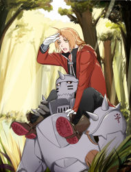 Rule 34 | 2boys, ahoge, alphonse elric, black pants, black shirt, blonde hair, blouse, boots, braid, braided ponytail, brothers, brown footwear, day, edward elric, forest, fullmetal alchemist, gloves, hair over shoulder, long hair, multiple boys, nature, ninebirds, open mouth, outdoors, pants, ponytail, shirt, siblings, single braid, sunlight, white gloves, yellow eyes