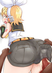 Rule 34 | 1girl, against wall, apamutamamootekoi, ass, bent over, blonde hair, blush, buttjob, censored, cum, cum in clothes, dark-skinned male, dark skin, ejaculation, green eyes, highres, huge ass, kagamine rin, looking back, penis, penis under another&#039;s clothes, rubbing, solo focus, standing, vocaloid