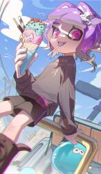 Rule 34 | 1girl, against railing, black footwear, black shorts, black sweater, blue sky, blush, cloud, cloudy sky, commentary, fang, food, hair intakes, hair ornament, hairclip, hand on railing, highres, holding, holding food, holding ice cream, ice cream, ice cream cone, inkling, inkling girl, inkling player character, jellyfish (splatoon), looking at viewer, mouth hold, namazuoku, nintendo, open mouth, outdoors, pink eyes, pointy ears, purple hair, purple pupils, railing, short hair, shorts, sky, solo, splatoon (series), splatoon 3, spoon, sweater, symbol-only commentary, teeth, tentacle hair, upper teeth only, utensil in mouth, utility pole
