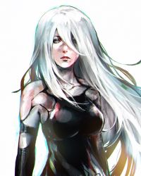 Rule 34 | 1girl, android, armlet, bad id, bad twitter id, black gloves, blue eyes, breasts, commentary, elbow gloves, english commentary, facing viewer, gloves, hair between eyes, hair over one eye, highres, joints, long hair, medium breasts, mole, mole under mouth, nier:automata, nier (series), nvalkyrja, parted lips, robot joints, silver hair, solo, tank top, a2 (nier:automata)