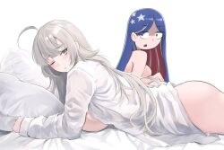 Rule 34 | 2girls, ahoge, blue hair, bottomless, breasts, dress shirt, grey eyes, grey hair, kantai collection, large breasts, long hair, lying, multicolored hair, multiple girls, naked shirt, no bra, odachu, on stomach, one eye closed, open clothes, open shirt, red hair, shirt, south dakota (kancolle), star (symbol), very long hair, washington (kancolle), white hair, white shirt