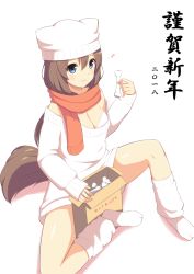 Rule 34 | 1girl, animal ears, animal hat, bad id, bad pixiv id, beanie, blue eyes, blush, bra, breasts, brown hair, carton, cartoon bone, cleavage, closed mouth, commentary request, dog ears, dog girl, dog hat, dog tail, enpera, fringe trim, full body, hair between eyes, hat, highres, holding, leg warmers, long hair, long sleeves, looking at viewer, medium breasts, mijinko (rioriorio), new year, orange scarf, original, scarf, sitting, sleeves past wrists, smile, socks, solo, sweater, tail, translated, underwear, very long hair, white background, white bra, white hat, white socks, white sweater