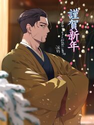 Rule 34 | 1boy, :|, black eyes, black hair, blue kimono, blurry, blurry foreground, brown jacket, christmas lights, closed mouth, commentary request, cowboy shot, crossed arms, expressionless, facial hair, from side, goatee, golden kamuy, hair slicked back, haori, highres, indoors, jacket, japanese clothes, kimono, long sleeves, looking at viewer, male focus, night, ogata hyakunosuke, open clothes, open jacket, plant, profile, sideways glance, solo, undercut, washiko (rasuko), wide sleeves