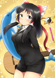 Rule 34 | 1girl, black hair, blush, bow, breasts, closed mouth, cookie (touhou), dolphin, grey eyes, guitar, hair bow, hair tubes, hakurei reimu, instrument, large breasts, looking at viewer, medium hair, meis (terameisu), red bow, sananana (cookie), solo, touhou