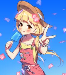 Rule 34 | 1girl, badge, bead bracelet, beads, blonde hair, blue background, blush, bracelet, button badge, crop top, flower, food, futaba anzu, hair flower, hair ornament, hat, highres, holding, holding food, holding popsicle, idolmaster, idolmaster cinderella girls, idolmaster cinderella girls starlight stage, jewelry, long hair, looking at viewer, nyancul, overalls, popsicle, short sleeves, smile, solo, sun hat, tongue, tongue out, v, very long hair