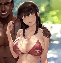 Rule 34 | 1boy, 1girl, :d, akagi (kancolle), arm around shoulder, bikini, blurry, blurry background, blush, breasts, brown eyes, brown hair, cleavage, collarbone, dappled sunlight, dark-skinned male, dark skin, depth of field, highres, kantai collection, large breasts, long hair, looking at viewer, macho admiral (wa (genryusui)), manly, open mouth, outdoors, playing with own hair, red bikini, shade, smile, sunlight, swimsuit, upper body, wa (genryusui)